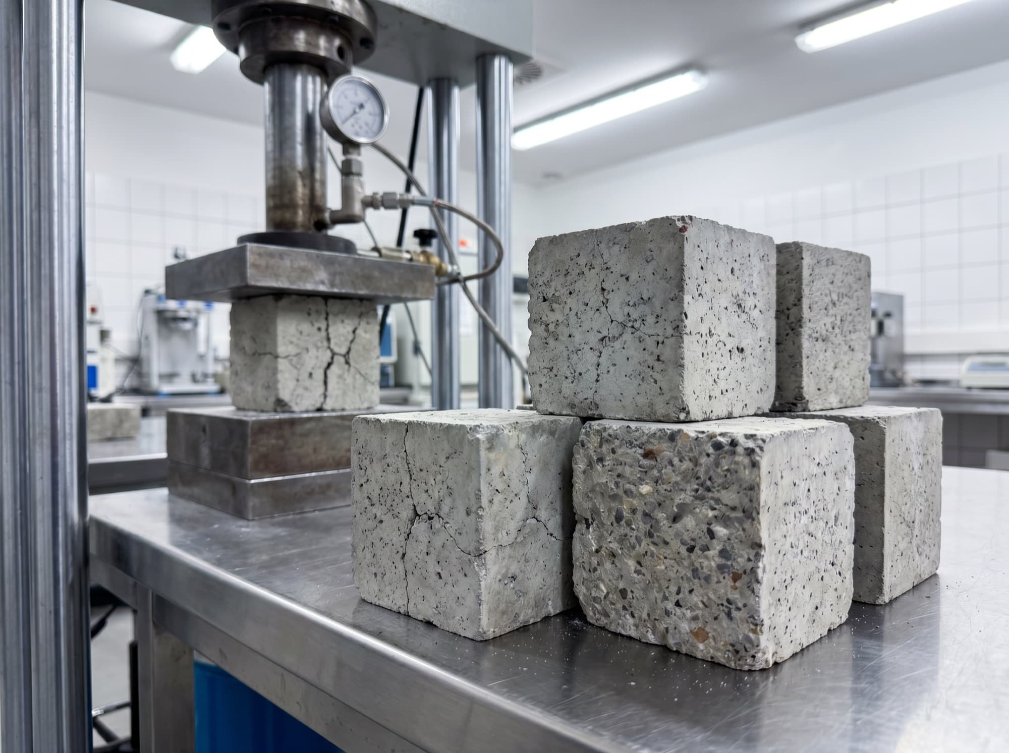 Concrete cube test specimens on a laboratory bench beside a compression testing machine