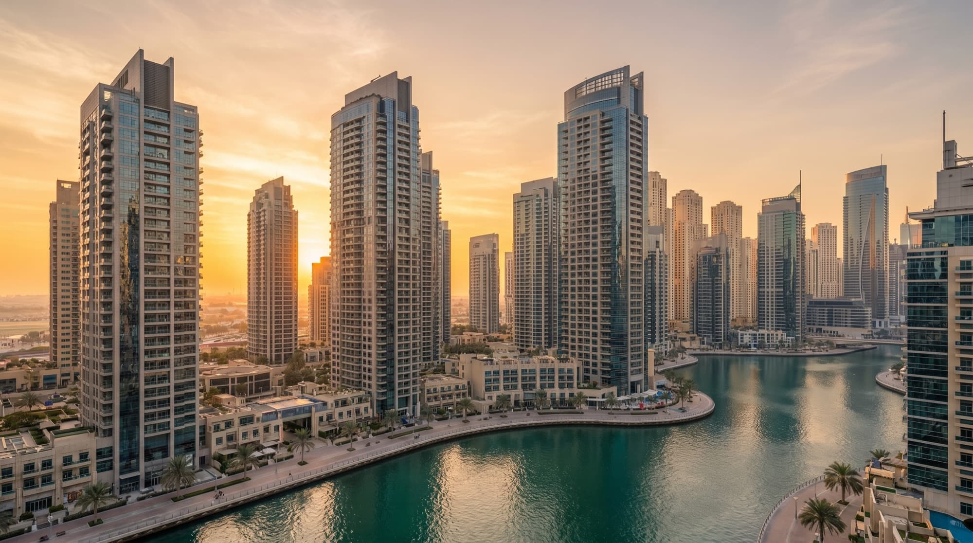 Modern Dubai residential high-rise towers at golden hour