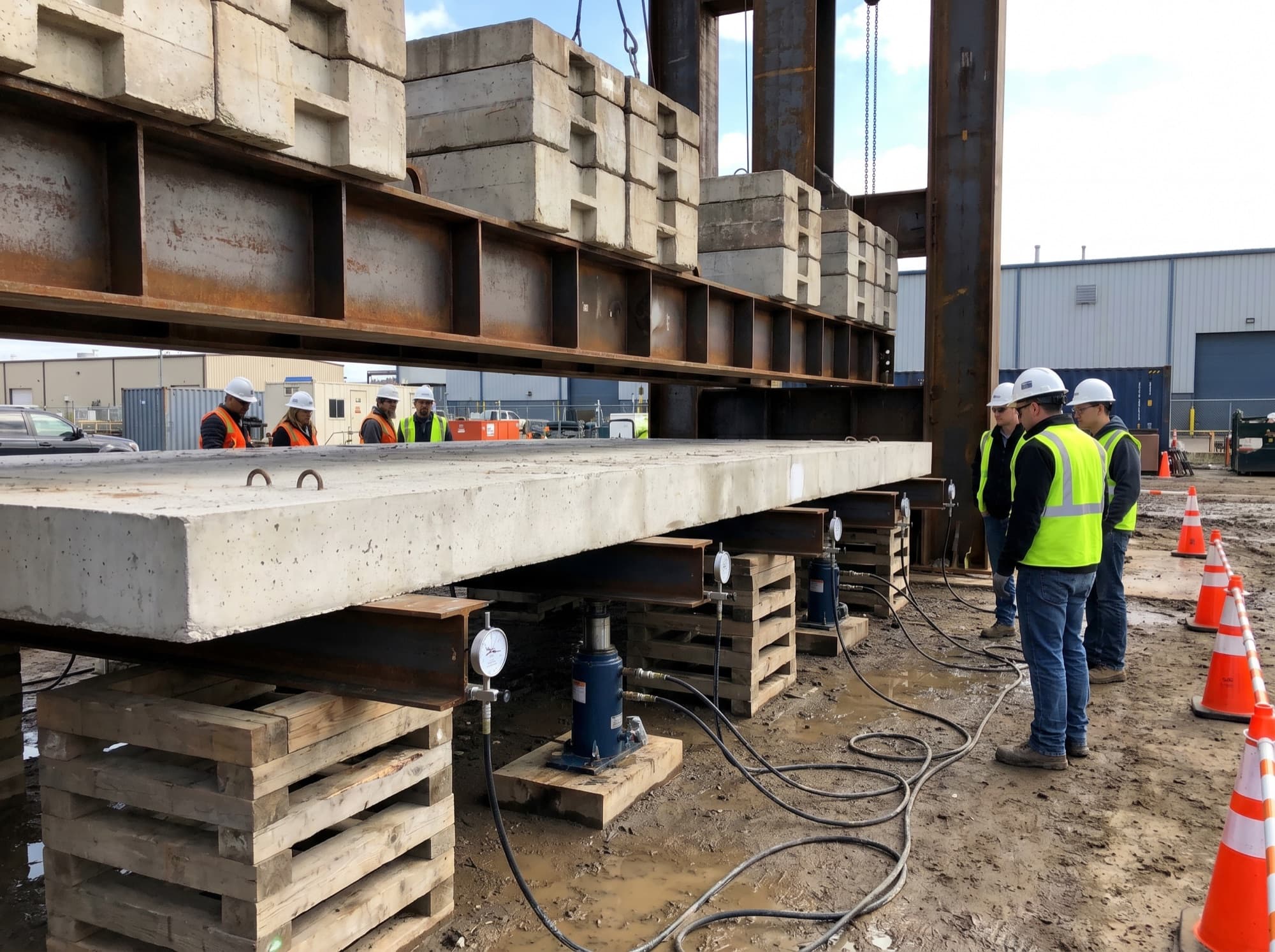 Structural load test with hydraulic jacks and dial gauges under a concrete slab