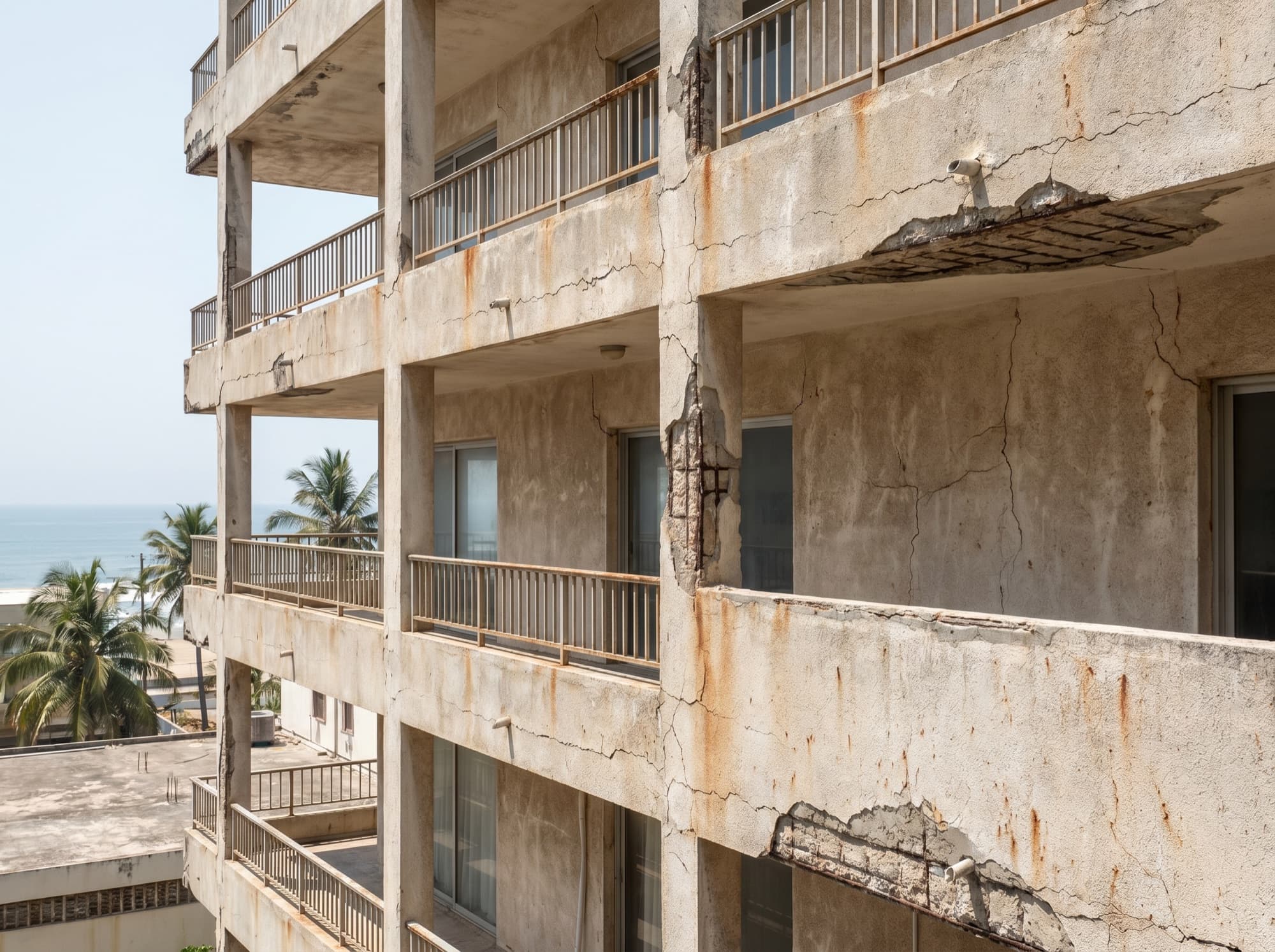 Weathered reinforced concrete building exterior with surface cracking