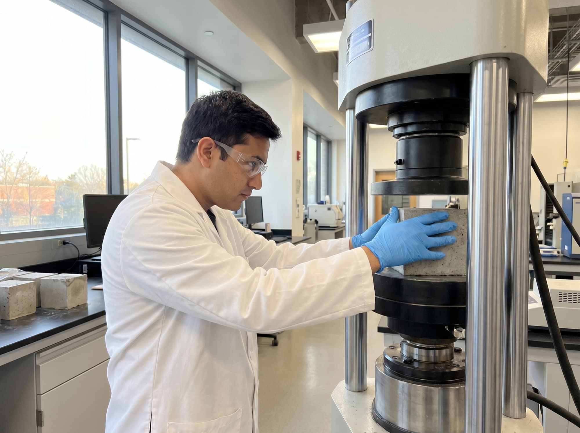 Duroscope laboratory technician operating a concrete compression testing machine