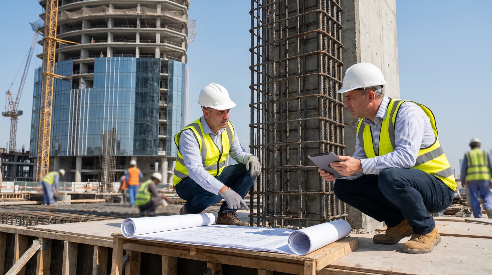 Duroscope structural engineers inspecting a reinforced concrete column on a Dubai building site